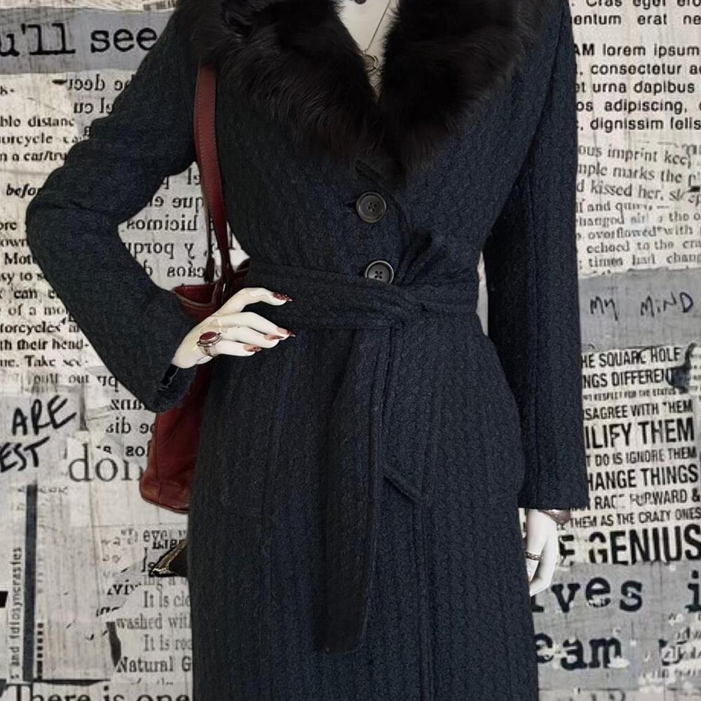Banana republic blue wool coat with tie around and shearling lamb fur collar XS
